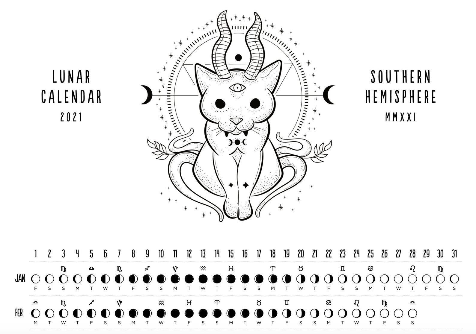 2021 Printable Lunar Calendar - Witchy Cat
